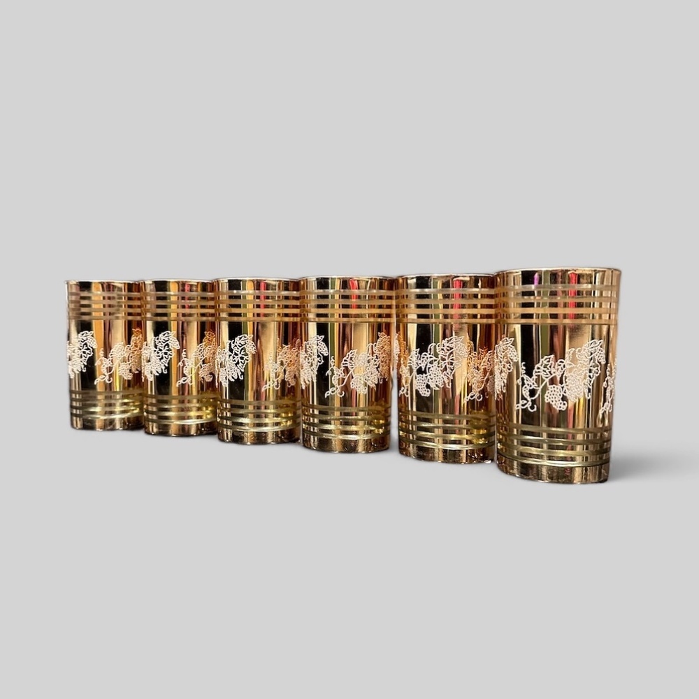 Vintage 1970's (6 set) Crown Dynasty Gold Foil 8oz Glasses